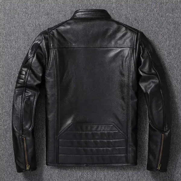 Premium men's leather biker jacket in rich brown with stand collar, crafted from durable first-layer calfskin leather.