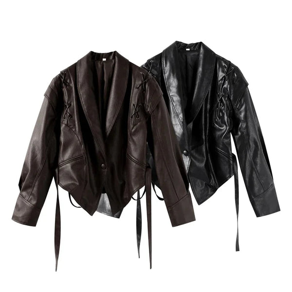 Chic belted leather bomber jacket for women, featuring lace-up detail, hood, and notched lapel, perfect for autumn and winter