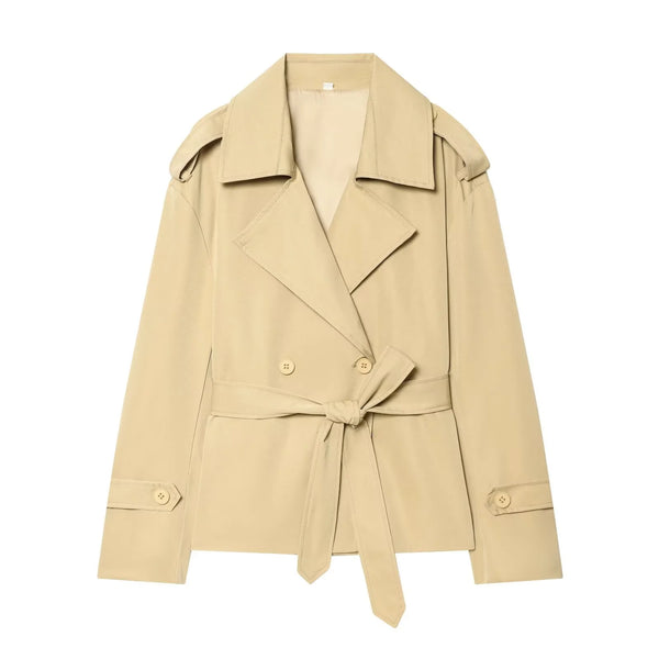 Belted Short Trench Coat with Double-Breasted Detail