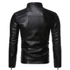 Stylish men's faux leather biker jacket in slim fit with stand collar, perfect for autumn and spring casual outings.