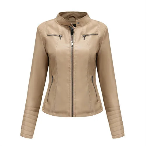 Chic women's slim leather biker jacket with zip detail, stand-up collar, and tailored fit for a stylish urban look.