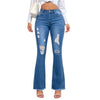 Chic light blue ripped flared jeans for women with high waist, deep pockets, and retro style, perfect for casual outings.