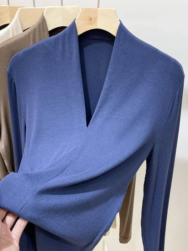 Elegant V-Neck Women's Blouse with Long Sleeves in solid color, perfect for casual and office wear, made from cotton-polyeste