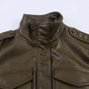 Chic army green faux leather jacket for women with stand collar, loose fit, and functional pockets for winter style.