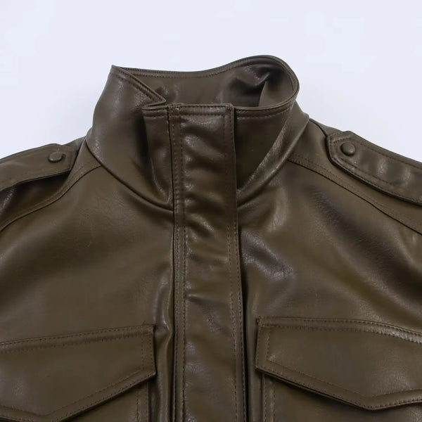 Chic army green faux leather jacket for women with stand collar, loose fit, and functional pockets for winter style.