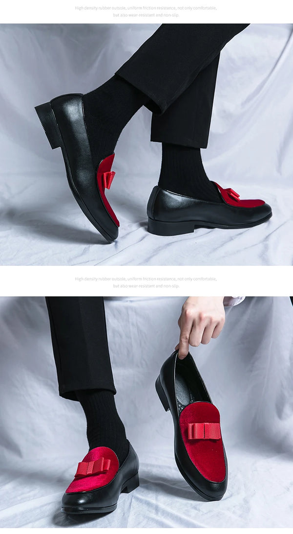 Men's black leather loafers styled for evening gala or formal event