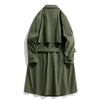 Men's military green slim fit trench coat with double-breasted closure and notched lapel, perfect for spring and autumn wear.