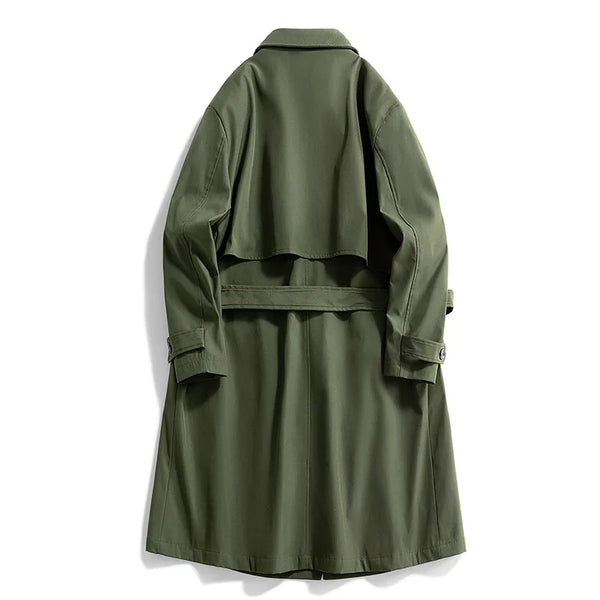 Men's military green slim fit trench coat with double-breasted closure and notched lapel, perfect for spring and autumn wear.