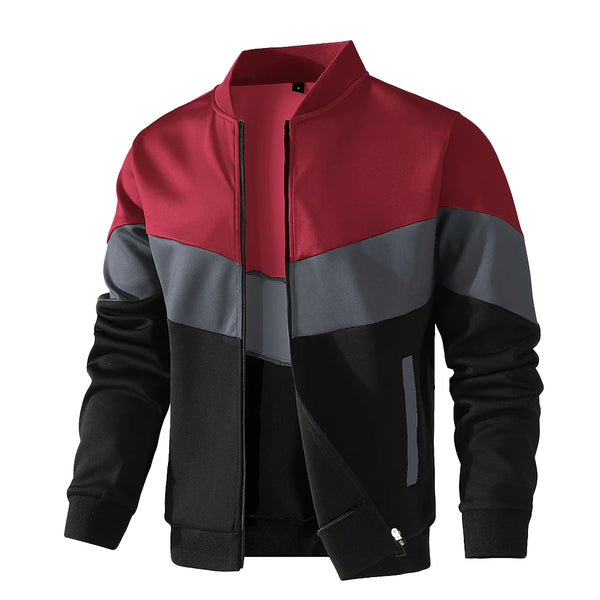 Men's trendy color block bomber jacket in US sizes, stylish zip-up design, perfect for all-season casual wear.