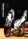 Stylish pointed toe design of elegant floral men's dress shoes.