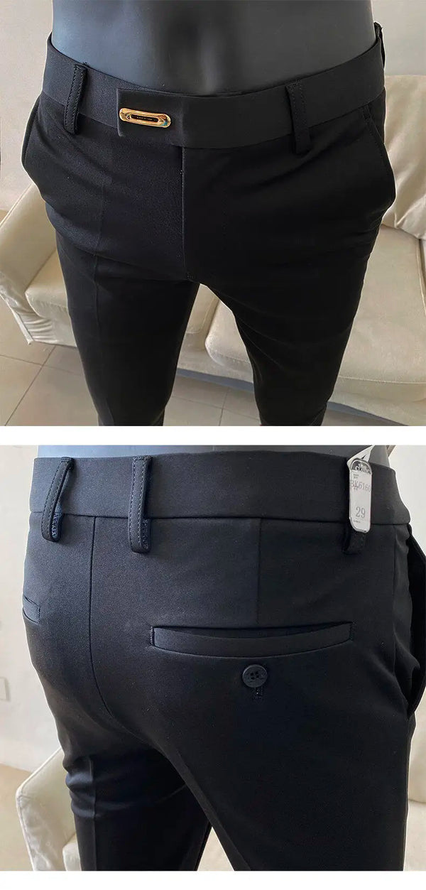 Slim fit business dress pants for men in black, khaki, and navy blue, perfect for autumn office wear and smart casual events.