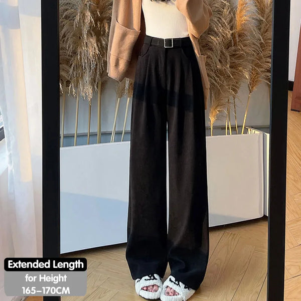Back view of high waist corduroy pants highlighting sculpting waistline and flowing wide leg design