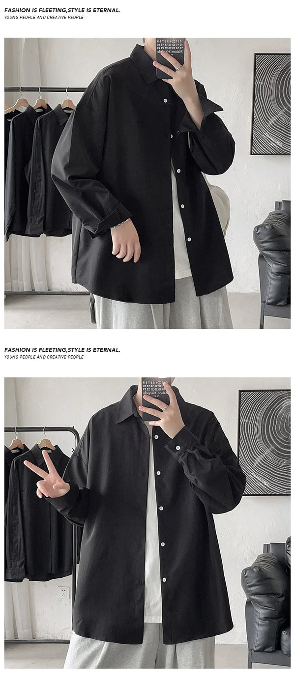 Oversized long sleeve casual shirt for men and women, featuring a Mandarin collar and single-breasted closure in solid color.
