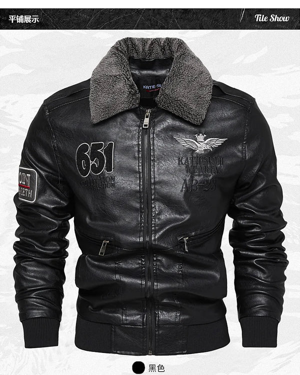 Men's Autumn/Winter Embroidered Leather Biker Jacket with detachable collar, cozy cotton lining, and classic aviator design.