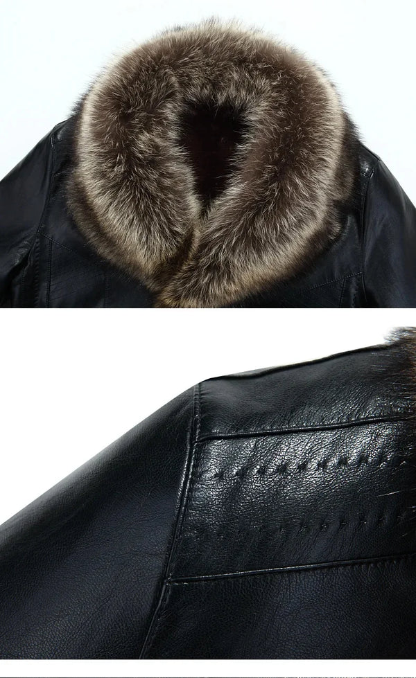 Detail of button closure on luxurious men's leather jacket.