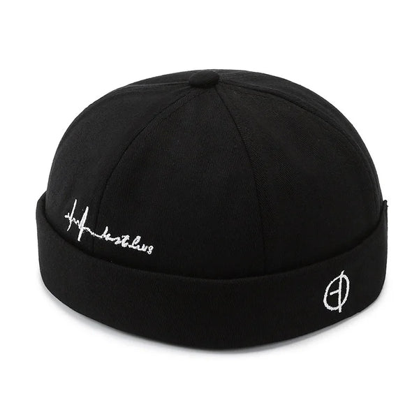 Black adjustable skullcap with vintage-inspired brimless silhouette