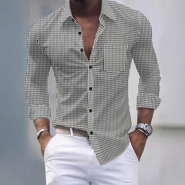 Men's business casual plaid long-sleeve shirt in soft polyester with turn-down collar, perfect for autumn and spring wear.