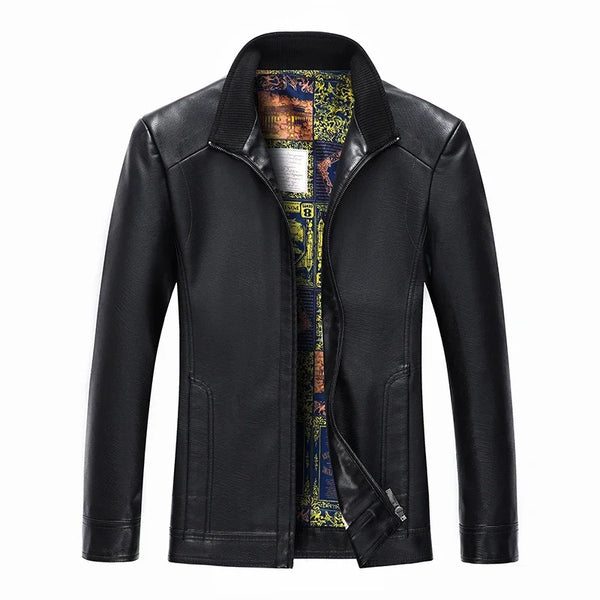 Classic goatskin leather jacket for men, lightweight, stylish, with stand collar and zipper, perfect for spring and autumn.