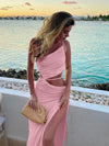 Comfortable vacation dress featuring drawstring waist and split detail