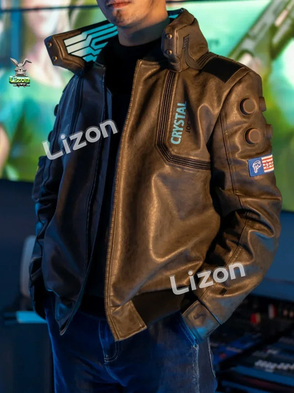 Cyberpunk 2077 LED Collar Faux Leather Jacket in black with illuminated collar.