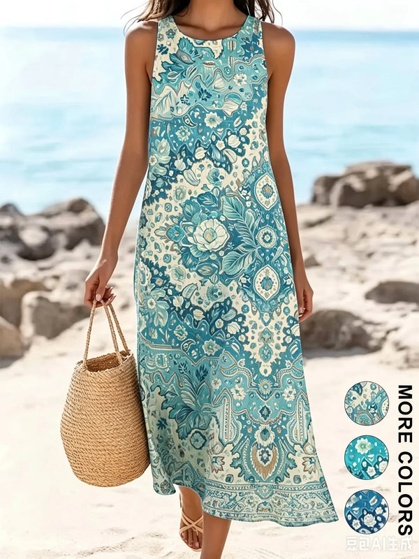 Lightweight floral sundress with midi length and comfortable stretch fabric