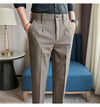 Men's slim fit dress pants in British style with elastic waist, perfect for casual or formal occasions, made from polyester b