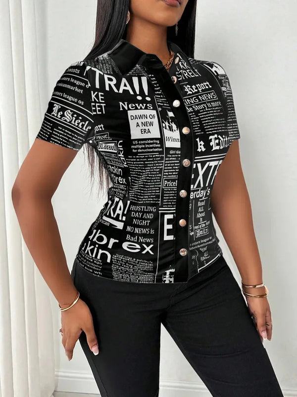 Chic Newspaper Print Blouse featuring a V-neck and short sleeves, perfect for casual or office wear in summer.