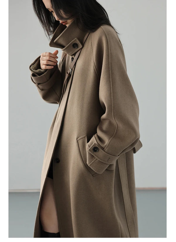 Premium fall outerwear in wool blend with sophisticated belted waist