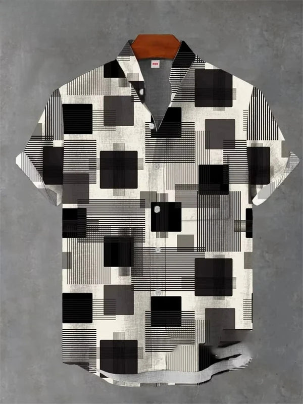Quick-drying denim-texture shirt with geometric print perfect for beach to bar transitions