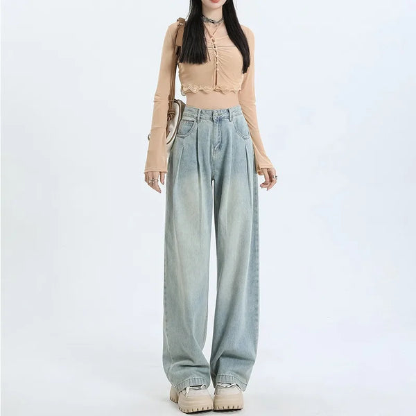 High-waist pleated wide leg jeans for women, combining retro style and modern comfort in premium cotton with slight stretch.