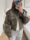 Chic army green faux leather jacket for women with stand collar, loose fit, and functional pockets for stylish winter wear.