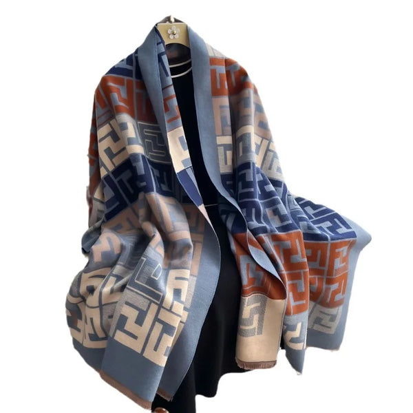 Thick winter scarf featuring a classic letter pattern, perfect for chilly days.