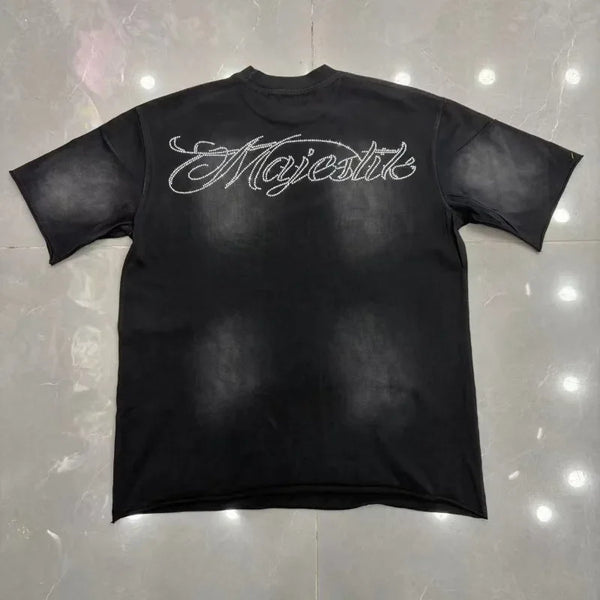 Unisex cotton t-shirt with sparkling rhinestone lettering detail