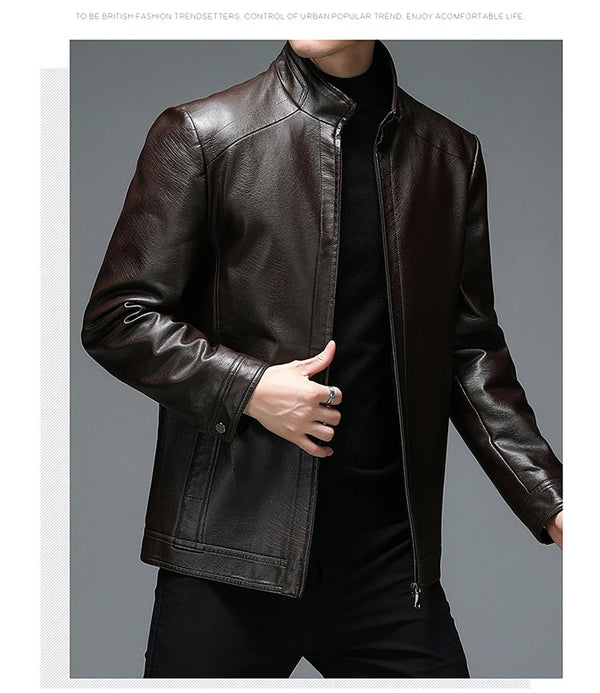 Classic goatskin leather jacket for men, lightweight, stylish, with stand collar and zipper, perfect for casual and business