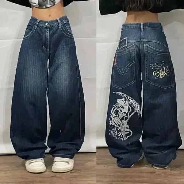 Trendy wide-leg jeans with unique patterns for fashionable wear.