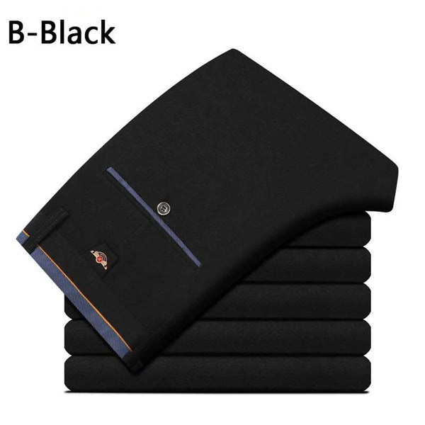 Men's smart casual summer trousers in extended sizes, lightweight polyester-spandex blend, ankle-length, straight fit.