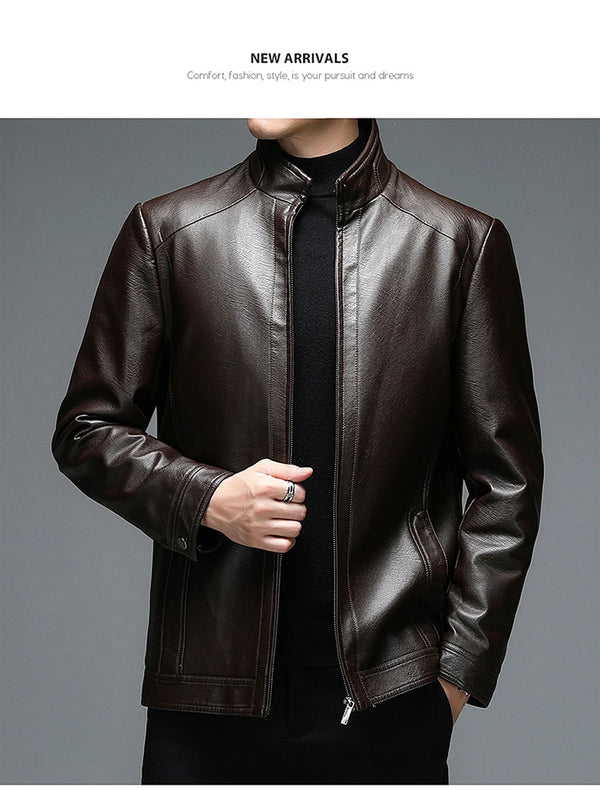 Classic goatskin leather jacket for men, lightweight, stylish, with stand collar and zipper, perfect for casual and business