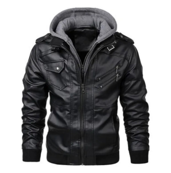 Men's PU leather hooded jacket for autumn and winter, stylish, warm, and perfect for casual outings and outdoor adventures.
