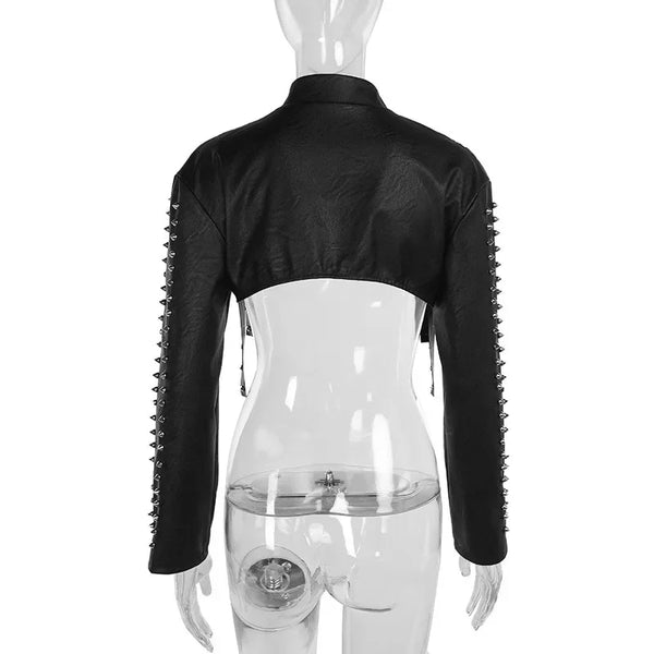 Chic cropped faux leather biker jacket for women with rivet detailing, slim fit, and stylish zip closure for edgy elegance.