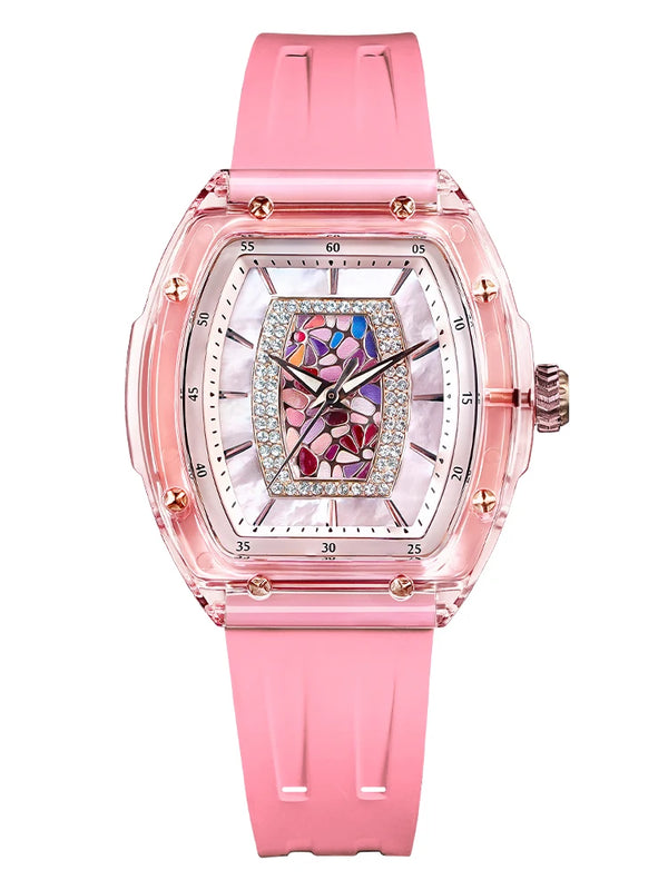 Close-up of the sapphire crystal watch highlighting its elegant curves and design.