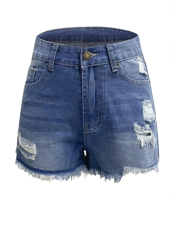Cotton-polyester blend shorts with rebellious rips and textured fringe trim