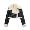 Chic cropped leather and wool blend jacket for women with fur trim, zipper closure, and turn-down collar for fall and winter.