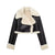 Chic cropped leather and wool blend jacket for women with fur trim, zipper closure, and turn-down collar for fall and winter.