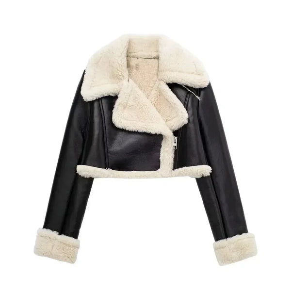 Chic cropped leather and wool blend jacket for women with fur trim, zipper closure, and turn-down collar for fall and winter.