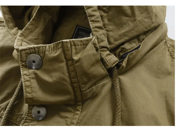 Classic men's trench coat in cotton, windproof design with hood, perfect for casual spring and autumn wear.