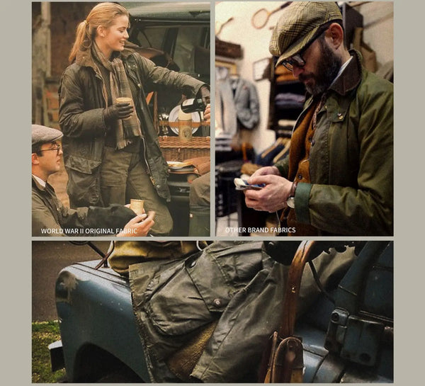 Model in the Classic Wax Canvas Hunting Jacket during a rainy day.