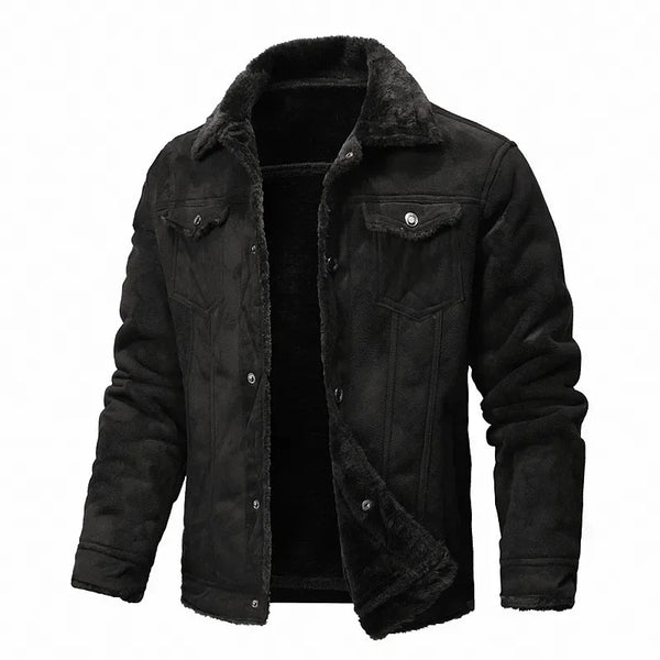 Premium men's suede leather winter jacket with turn-down collar, zipper closure, and regular fit for stylish warmth.