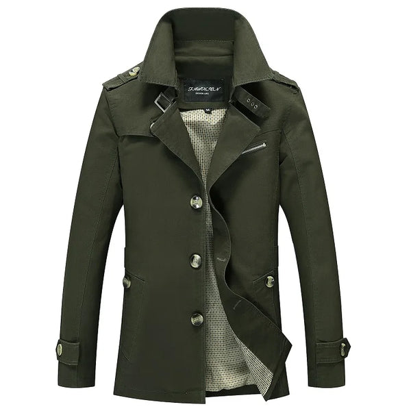 Sleek Men's Casual Business Trench Coat with turn-down collar, single-breasted closure, perfect for stylish business attire.