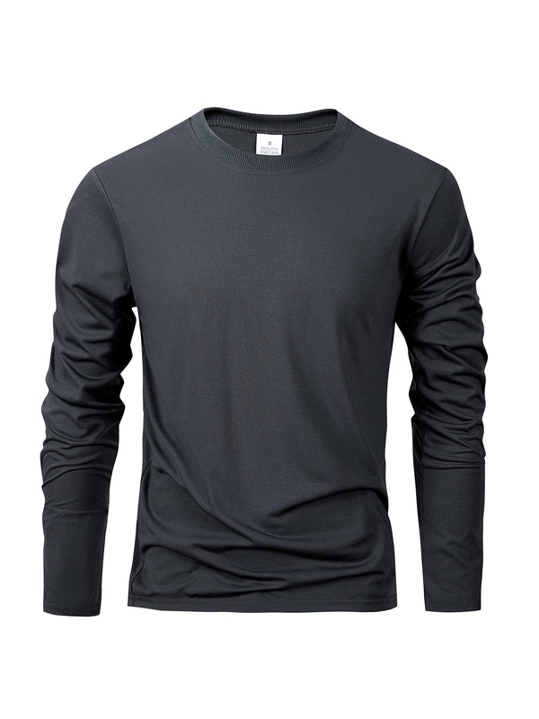 Men's long sleeve casual t-shirt in solid black, breathable polyester, O-neck, perfect for sports and casual wear.