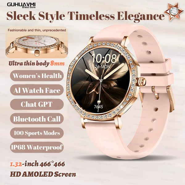 Elegant smartwatch on a woman's wrist, highlighting its luxury and functionality.